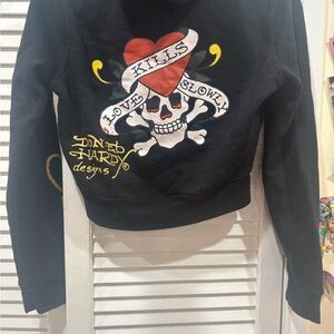 Ed Hardy Black Hoodie with Skull and Heart Motif